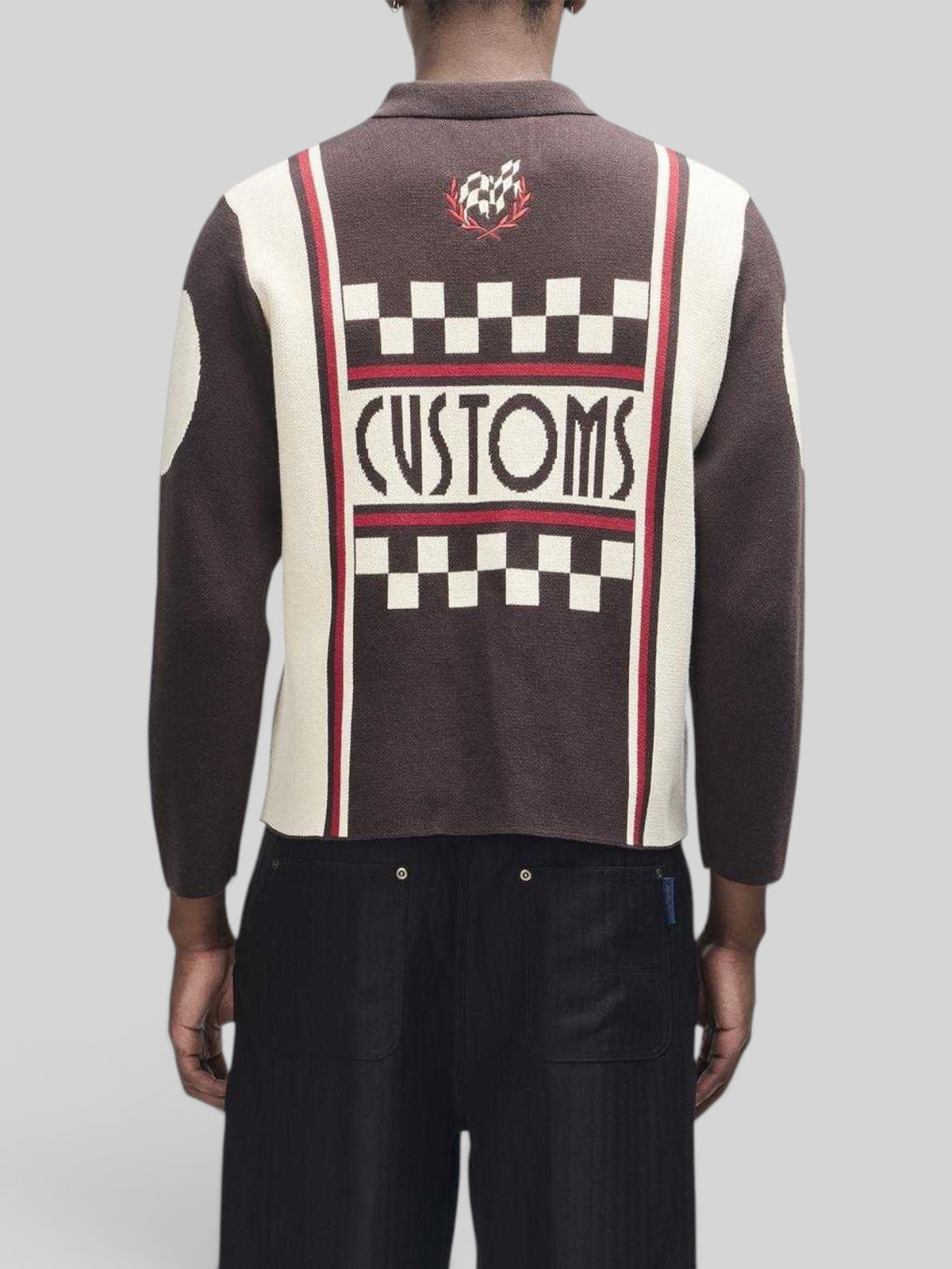 Baffle Haus Monte Carlo knit cardigan in java brown featuring a back graphic jacquard moto design and embroidery.