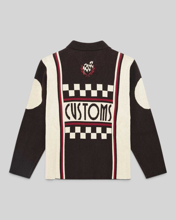 Baffle Haus Monte Carlo knit cardigan in java brown featuring a checkered jacquard back design and embroidery patches