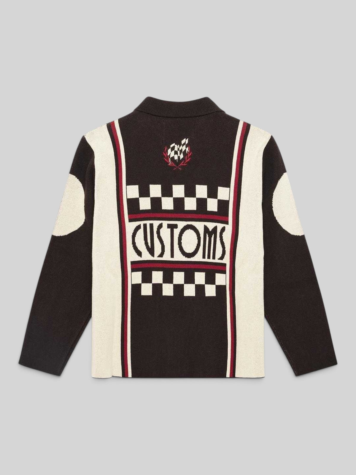 Baffle Haus Monte Carlo knit cardigan in java brown featuring a checkered jacquard back design and embroidery patches
