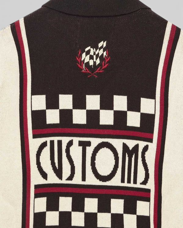 Baffle Haus Monte Carlo knit cardigan in java brown featuring a checkered jacquard pattern and embroidery patches.