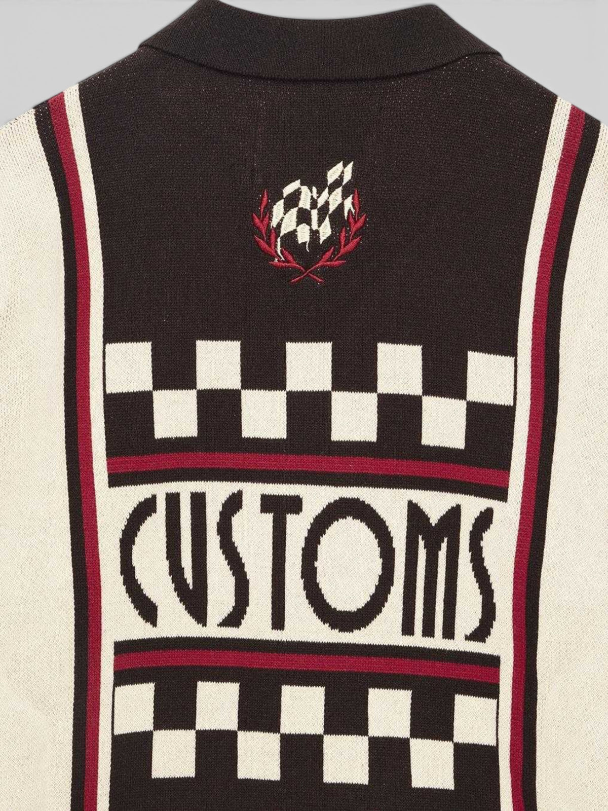 Baffle Haus Monte Carlo knit cardigan in java brown featuring a checkered jacquard pattern and embroidery patches.