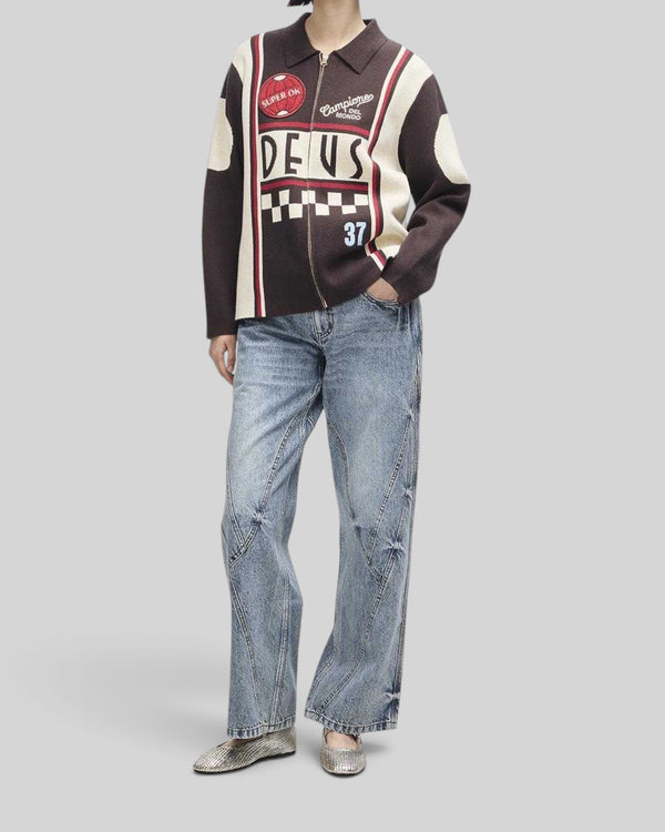 Baffle Haus Monte Carlo knit cardigan in java brown with motorsport-inspired jacquard graphics and zip-up front.