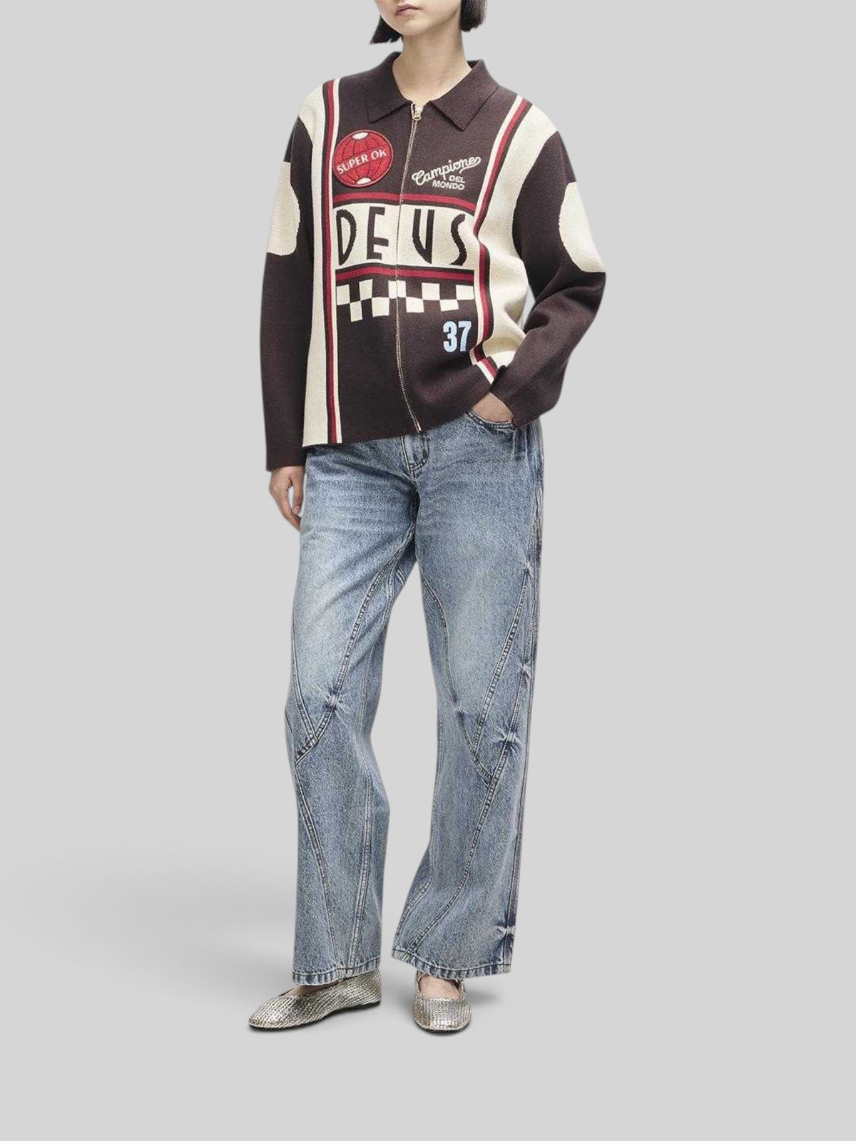 Baffle Haus Monte Carlo knit cardigan in java brown with motorsport-inspired jacquard graphics and zip-up front.
