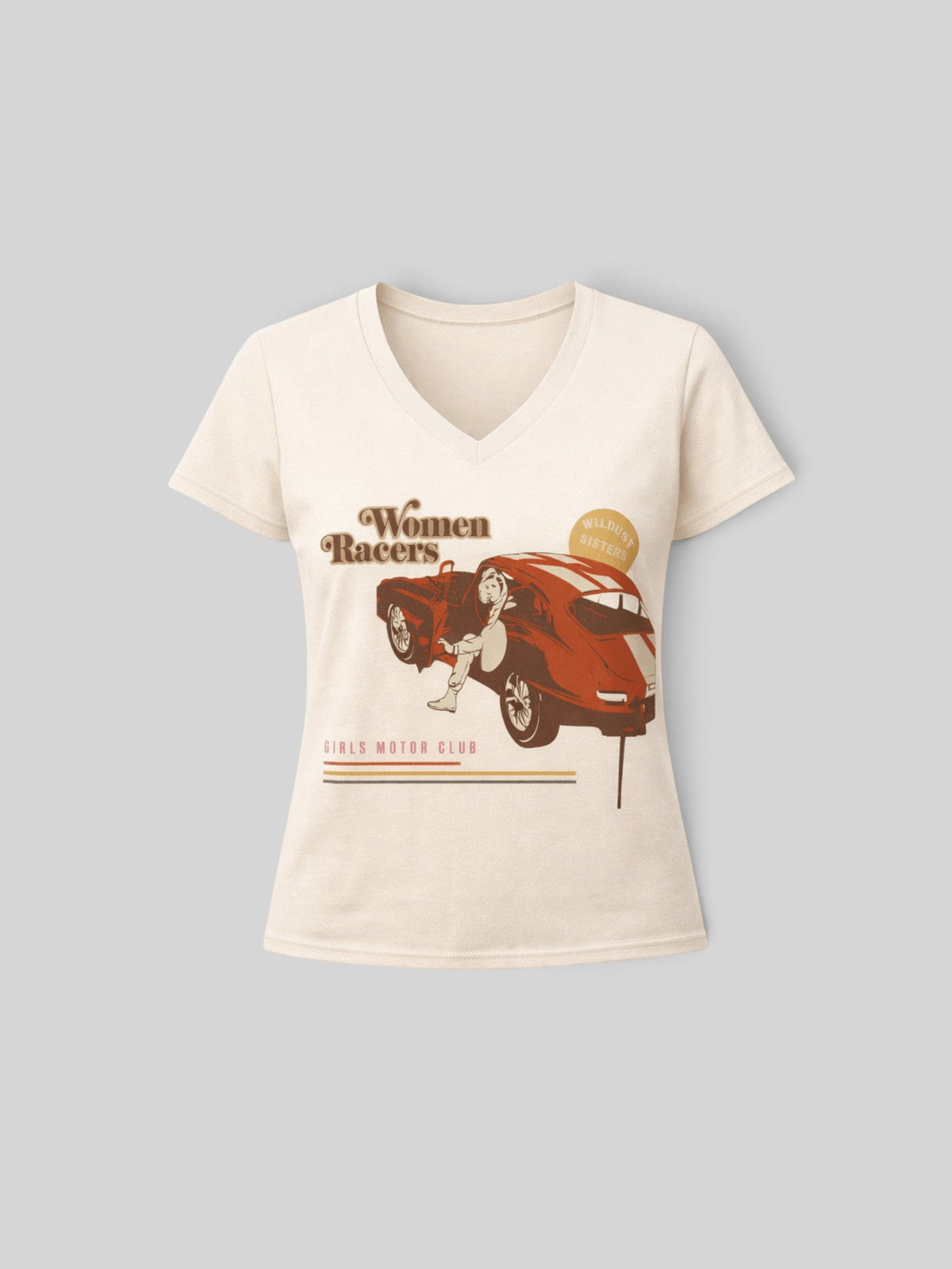 Baffle Haus Motor Club white V-neck cotton t-shirt with retro red and brown women racers graphic print