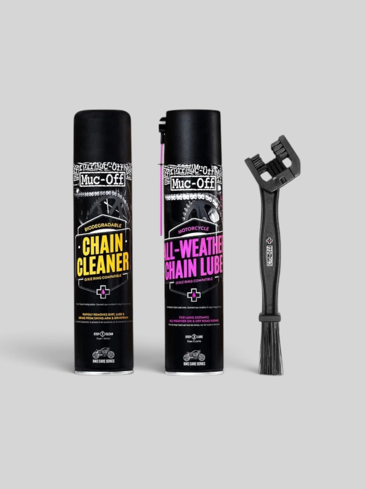 Baffle Haus motorcycle chain care kit featuring biodegradable cleaner, all-weather lube, and a durable cleaning brush.