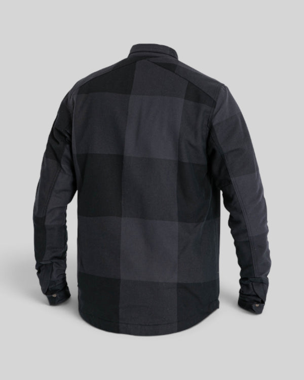 Baffle Haus Motoshirt Big Block in black and grey plaid, showing the back view of the protective motorcycle shirt.
