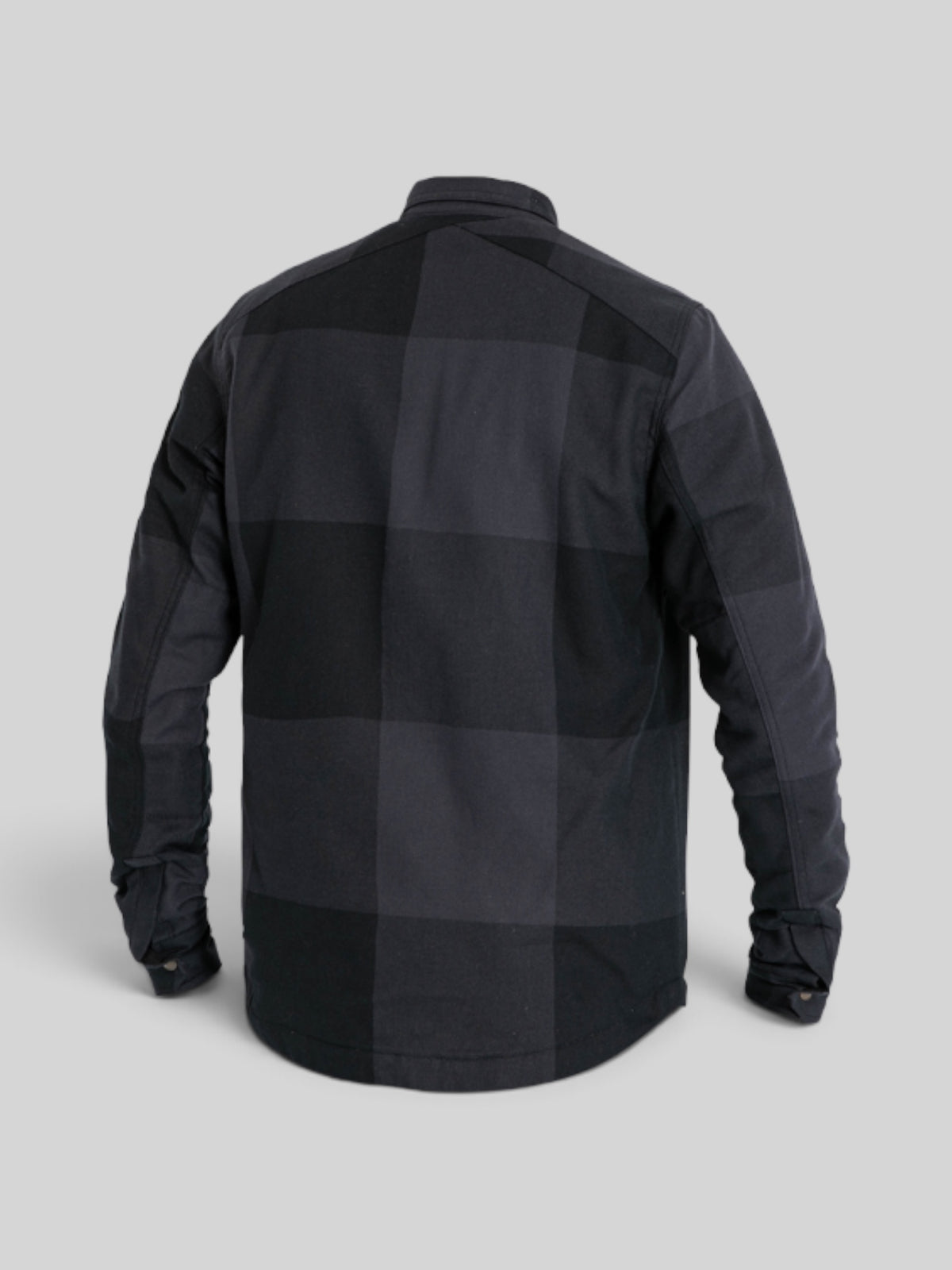 Baffle Haus Motoshirt Big Block in black and grey plaid, showing the back view of the protective motorcycle shirt.