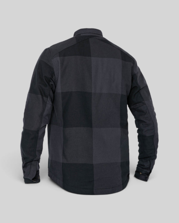 Baffle Haus Motoshirt Big Block in black and grey plaid with protective XTM-Fiber lining, back view