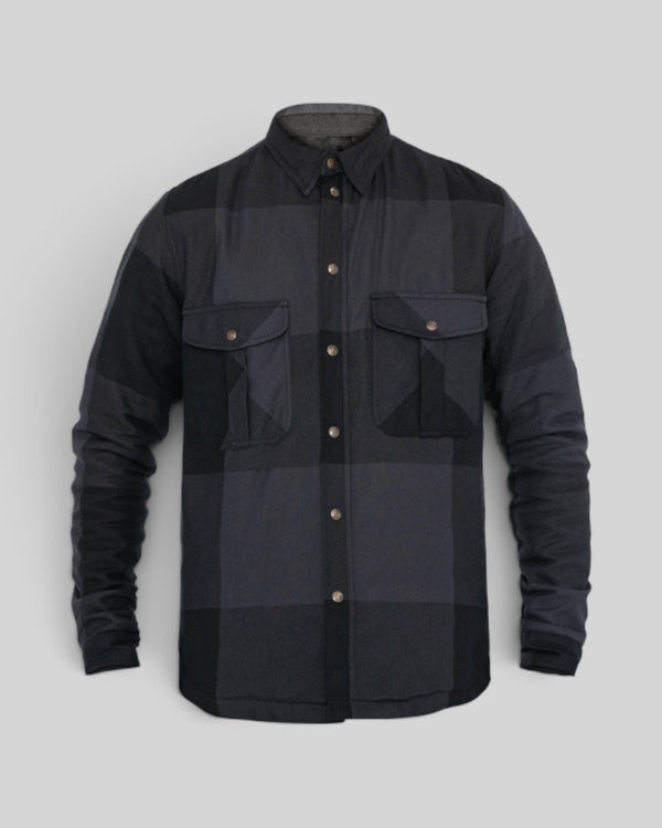 Baffle Haus Motoshirt Big Block in black and grey plaid with button-down front, chest pockets, and protective lining.
