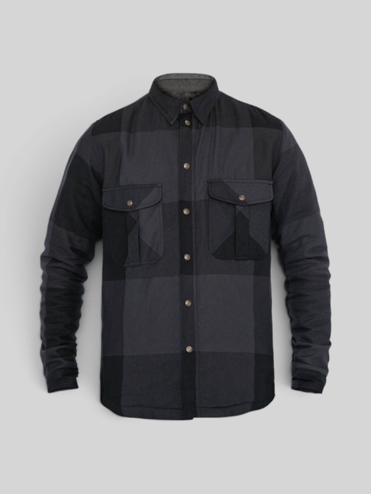 Baffle Haus Motoshirt Big Block in black and grey plaid with button-down front, chest pockets, and protective lining.