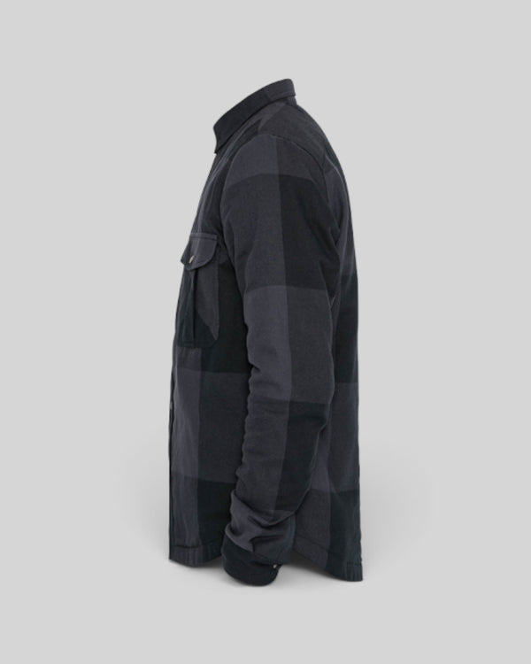 Baffle Haus Motoshirt Big Block in black and grey plaid with protective XTM-Fiber lining, side profile view.
