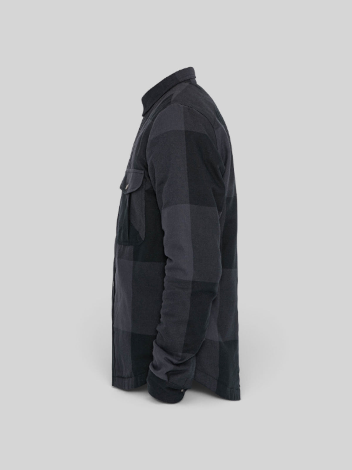 Baffle Haus Motoshirt Big Block in black and grey plaid with protective XTM-Fiber lining, side profile view.