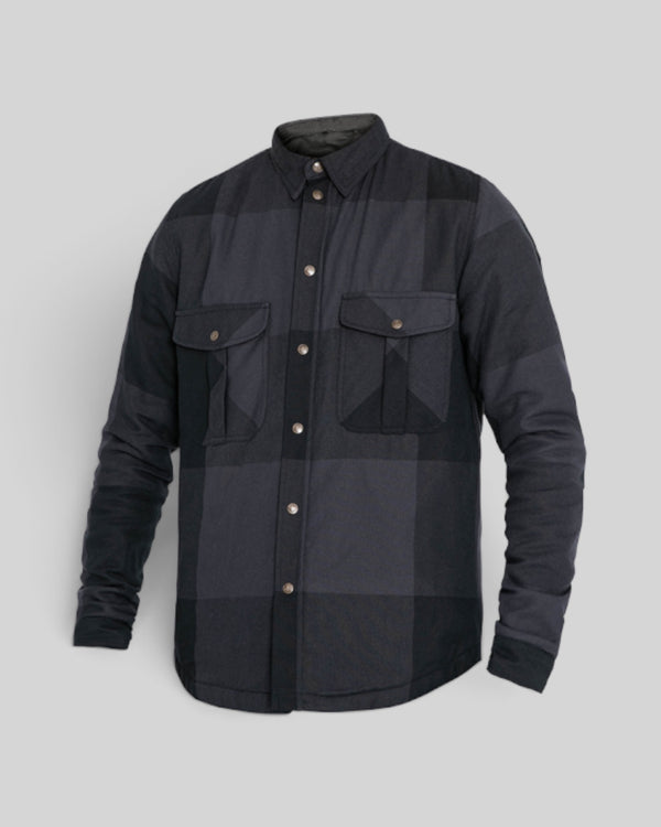 Baffle Haus Motoshirt Big Block in black and grey plaid with protective XTM-Fiber lining and button-down front.