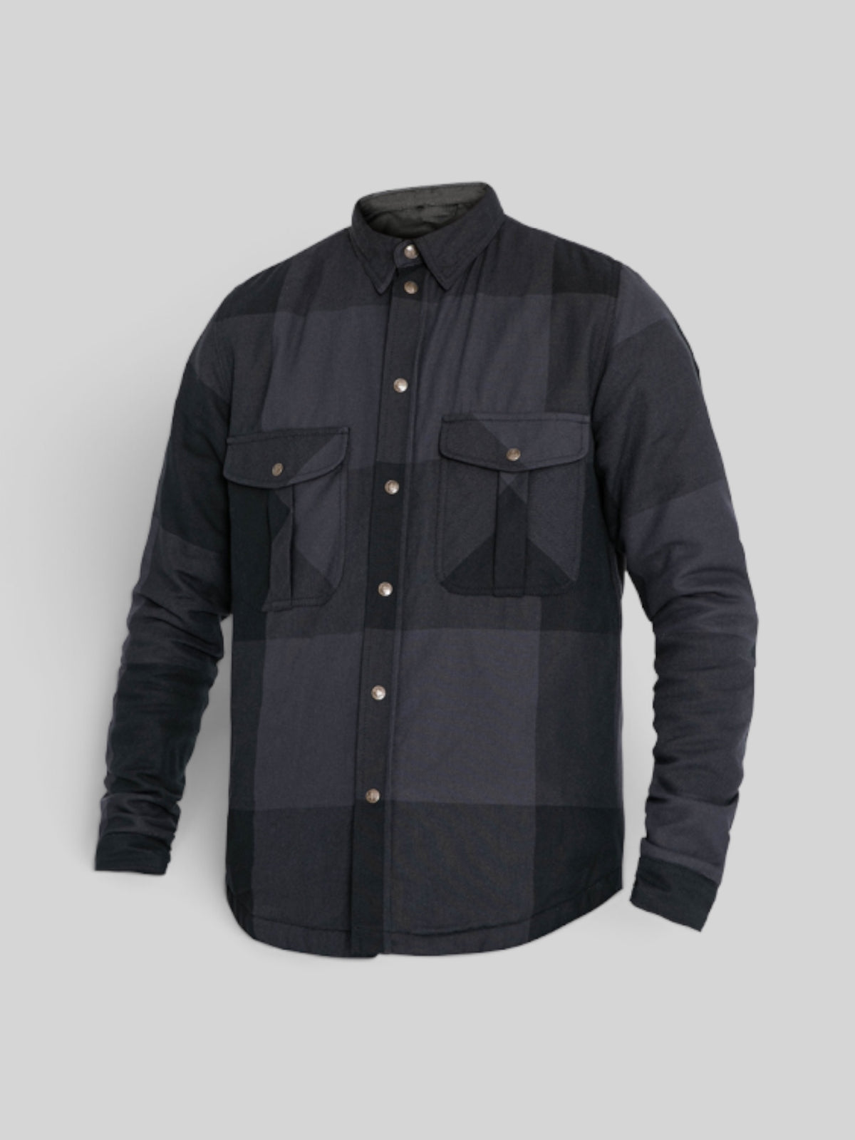 Baffle Haus Motoshirt Big Block in black and grey plaid with protective XTM-Fiber lining and button-down front.