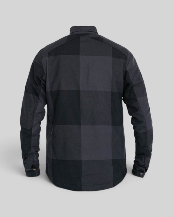 Baffle Haus Motoshirt Big Block in black and grey plaid with protective XTM-Fiber lining, back view