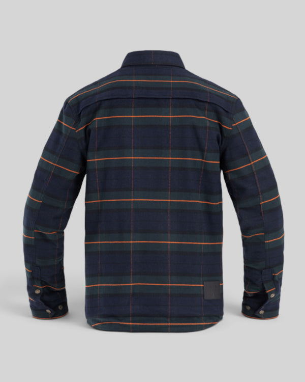 Baffle Haus Motoshirt Vintage motorcycle shirt in navy, green, and orange plaid with protective XTM fiber back view