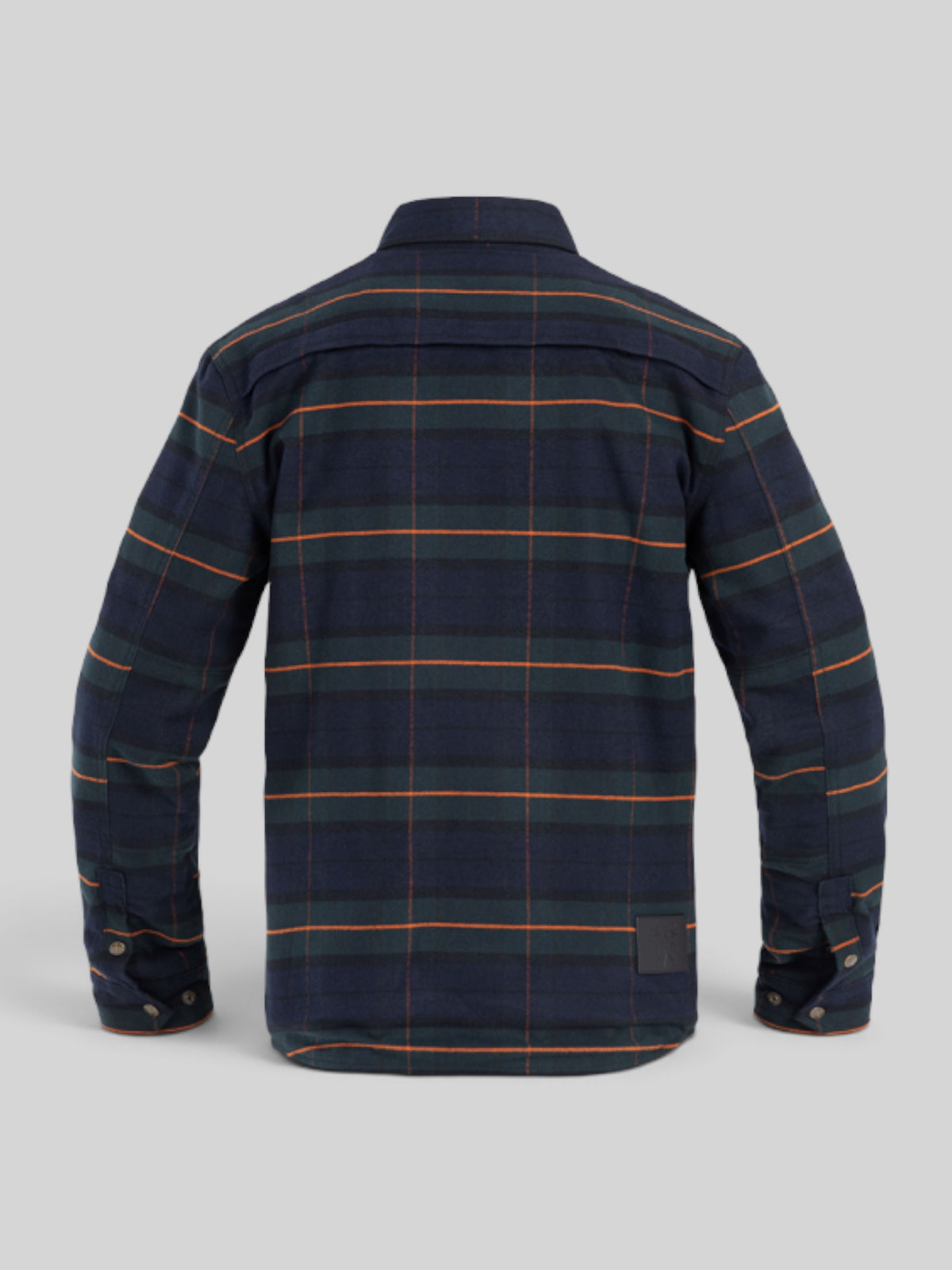 Baffle Haus Motoshirt Vintage motorcycle shirt in navy, green, and orange plaid with protective XTM fiber back view