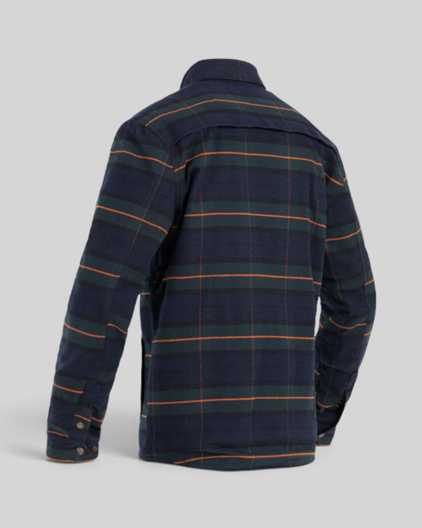 Baffle Haus Motoshirt Vintage in navy and green plaid with orange stripes, back view of protective motorcycle shirt.