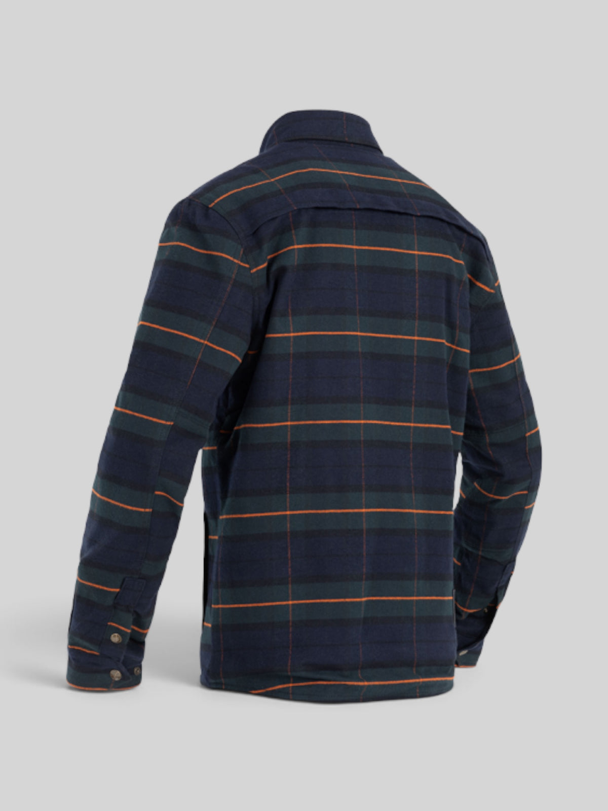 Baffle Haus Motoshirt Vintage in navy and green plaid with orange stripes, back view of protective motorcycle shirt.