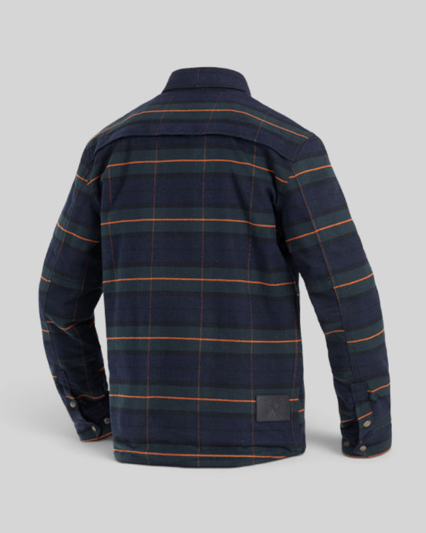 Baffle Haus Motoshirt Vintage in navy, green, and orange plaid cotton twill with protective XTM-Fiber back view