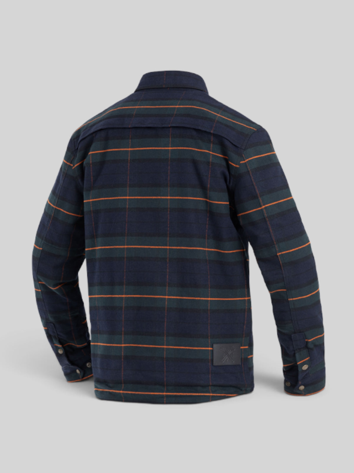 Baffle Haus Motoshirt Vintage in navy, green, and orange plaid cotton twill with protective XTM-Fiber back view