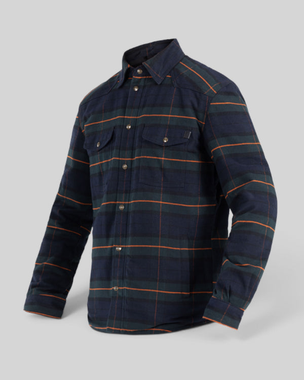 Baffle Haus Motoshirt Vintage in navy and green plaid cotton twill with protective XTM fiber for motorcycle riding