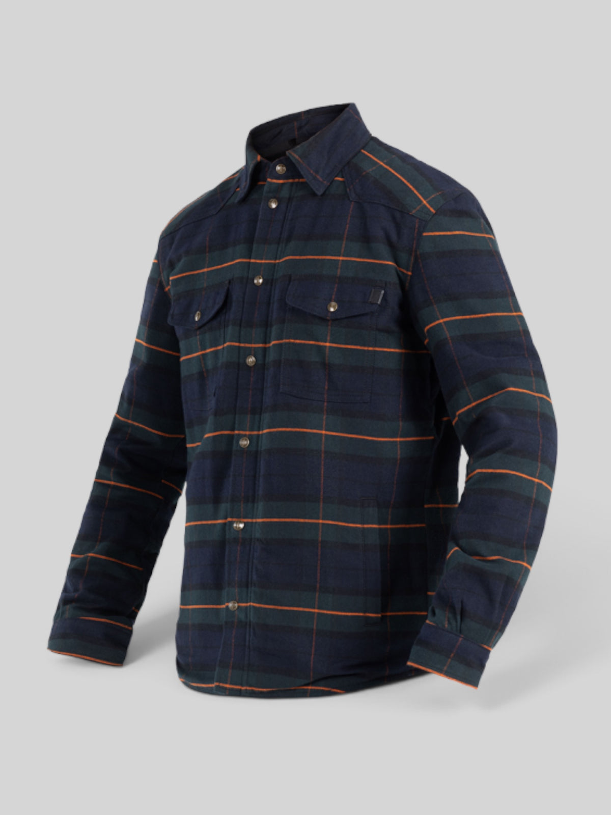 Baffle Haus Motoshirt Vintage in navy and green plaid cotton twill with protective XTM fiber for motorcycle riding