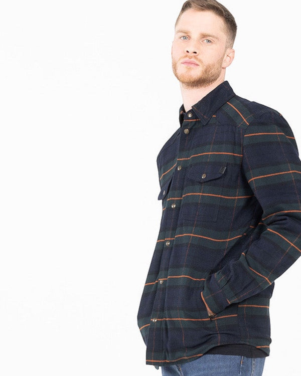 Baffle Haus Motoshirt Vintage in navy and green plaid cotton twill with protective XTM-Fiber for motorcycle riding.