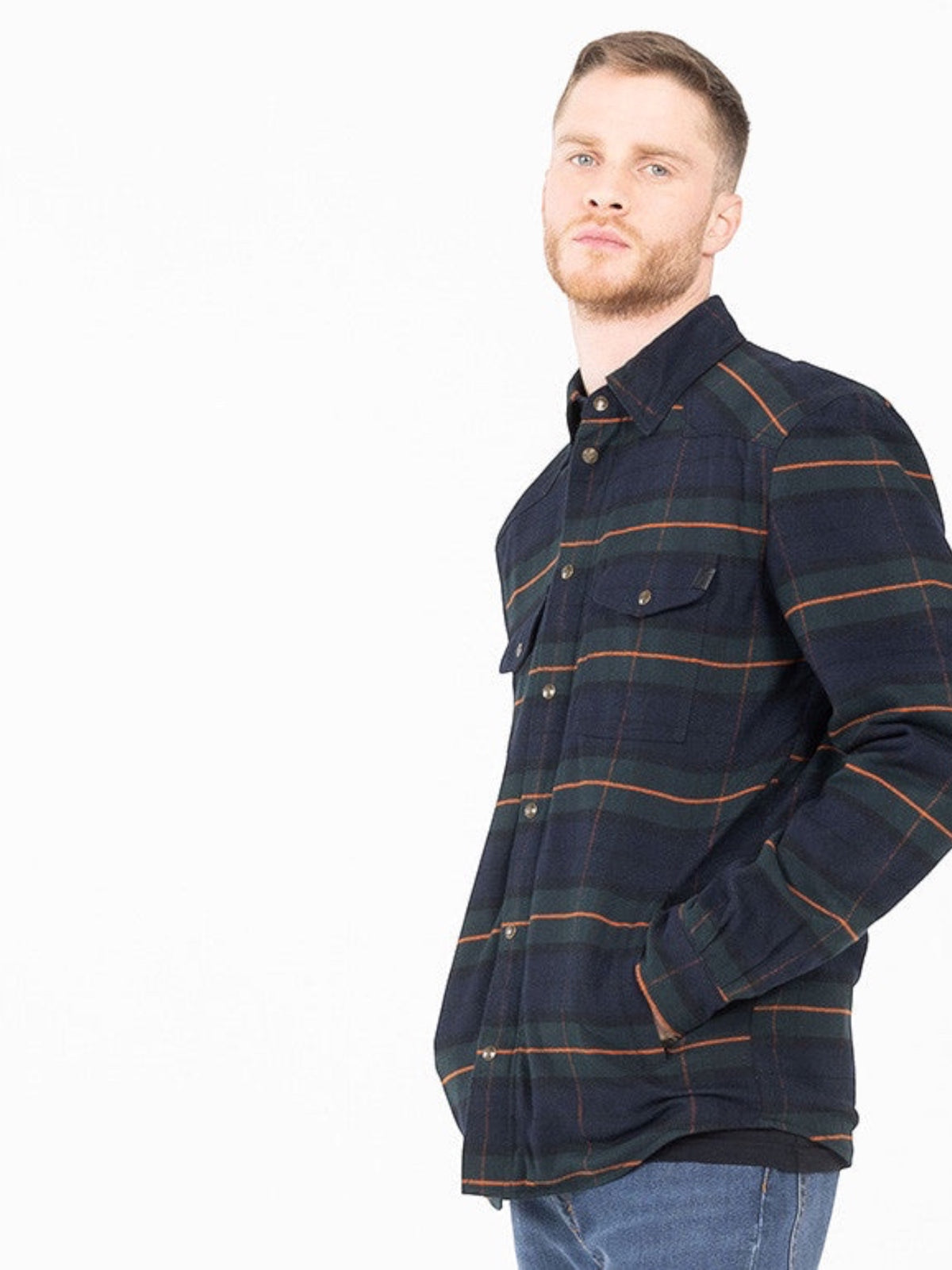 Baffle Haus Motoshirt Vintage in navy and green plaid cotton twill with protective XTM-Fiber for motorcycle riding.