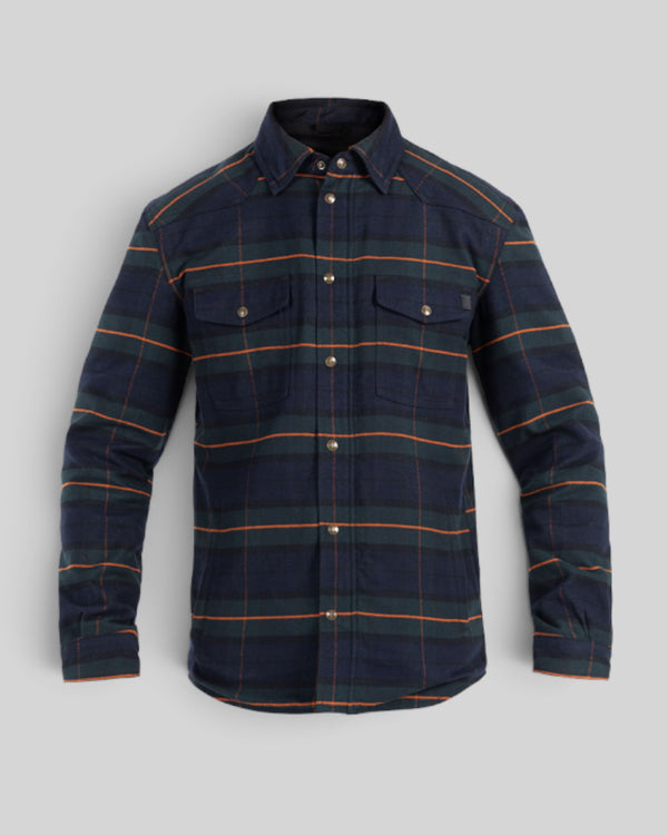 Baffle Haus Motoshirt Vintage in navy and green plaid cotton twill with orange accents and protective features.