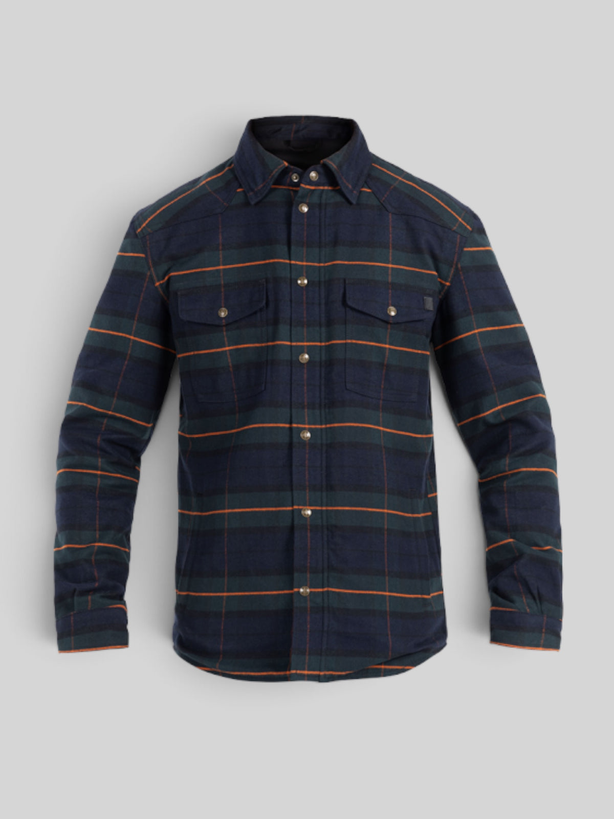 Baffle Haus Motoshirt Vintage in navy and green plaid cotton twill with orange accents and protective features.