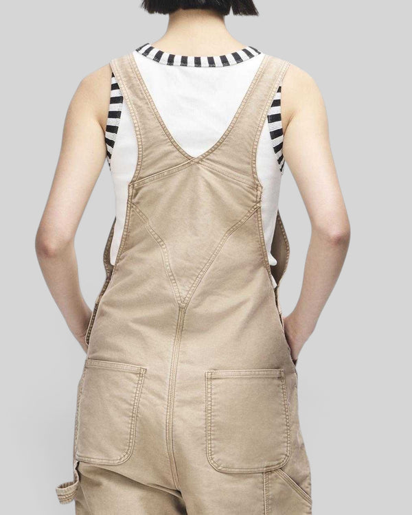 Baffle Haus Mouton overalls in safari beige organic cotton moleskin, featuring back pockets and a relaxed straight fit.