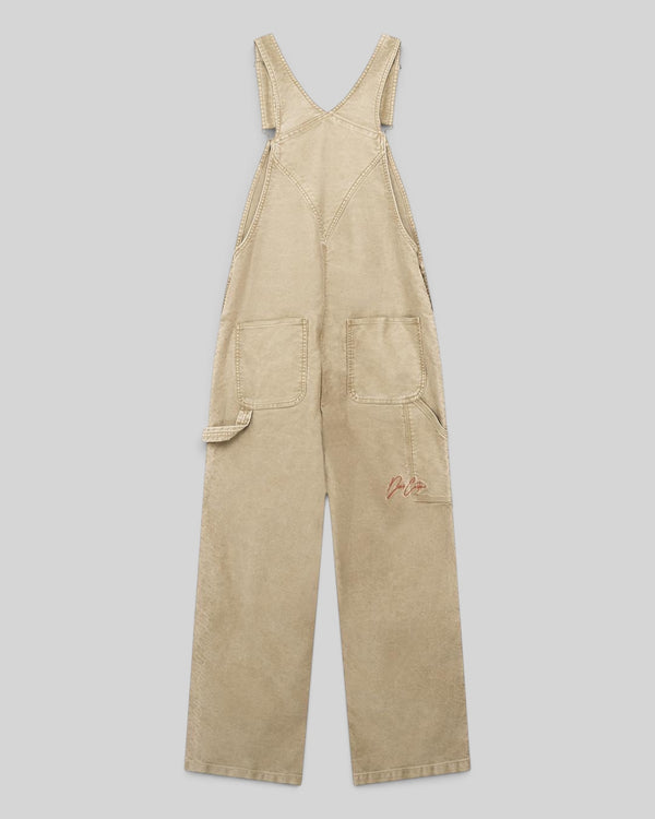 Baffle Haus Mouton overalls in safari beige organic cotton moleskin with back pocket print and straight leg fit.