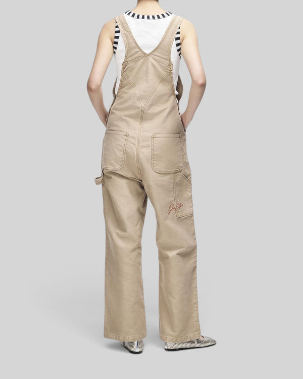 Baffle Haus Mouton overalls in safari beige organic cotton moleskin with back pocket print, rear view