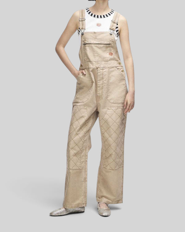 Baffle Haus Mouton overalls in safari beige organic cotton moleskin with quilted double knees and front patch pockets