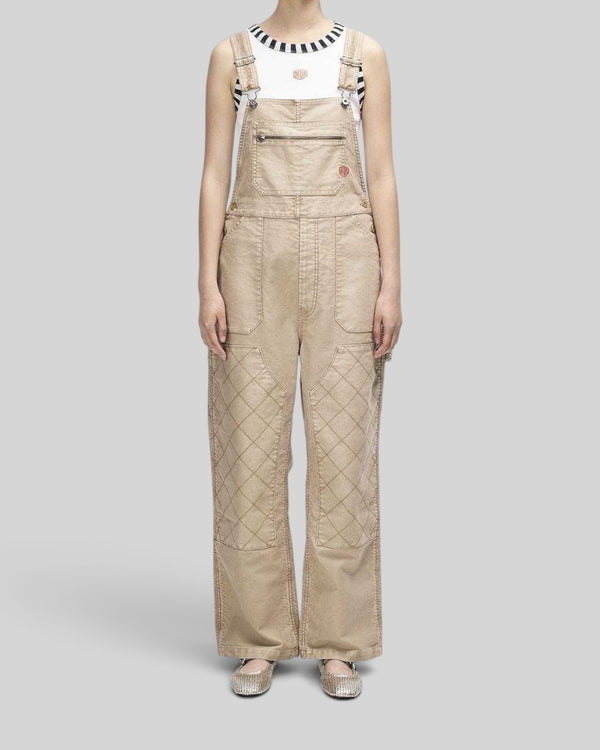 Baffle Haus Mouton overalls in safari beige organic cotton moleskin with quilted knees and front patch pockets
