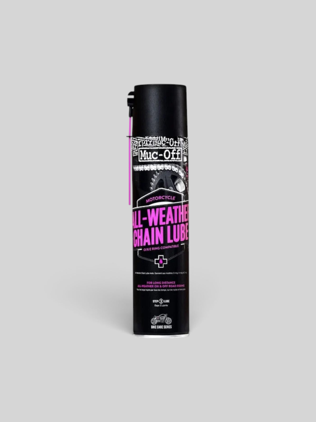 Baffle Haus Muc-Off all-weather motorcycle chain lube spray can for long-distance on and off-road riding