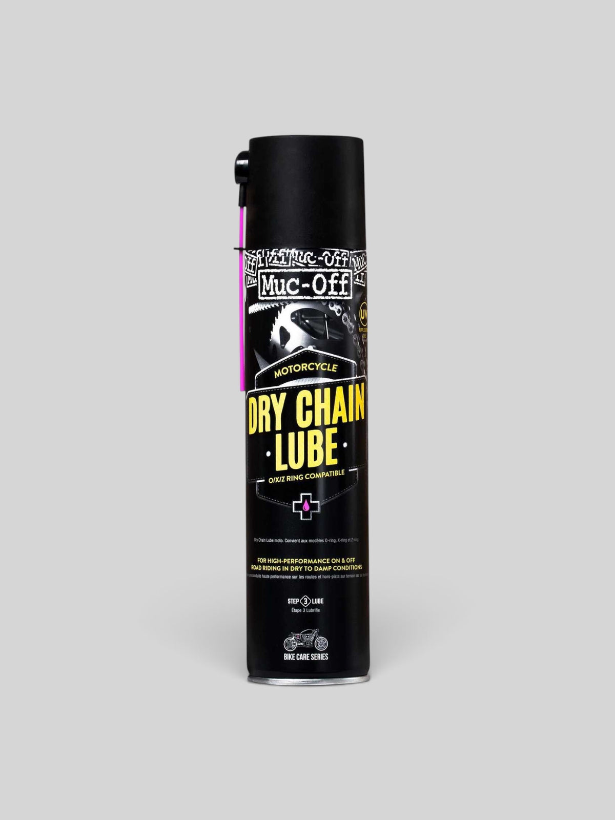 Baffle Haus Muc-Off 400ml motorcycle dry chain lubricant spray can for O, X, and Z ring chains in dry conditions
