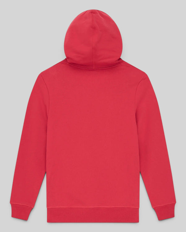 Baffle Haus Mudflap Hoodie in cherry red organic cotton fleece with a boxy fit and ribbed hem, back view.