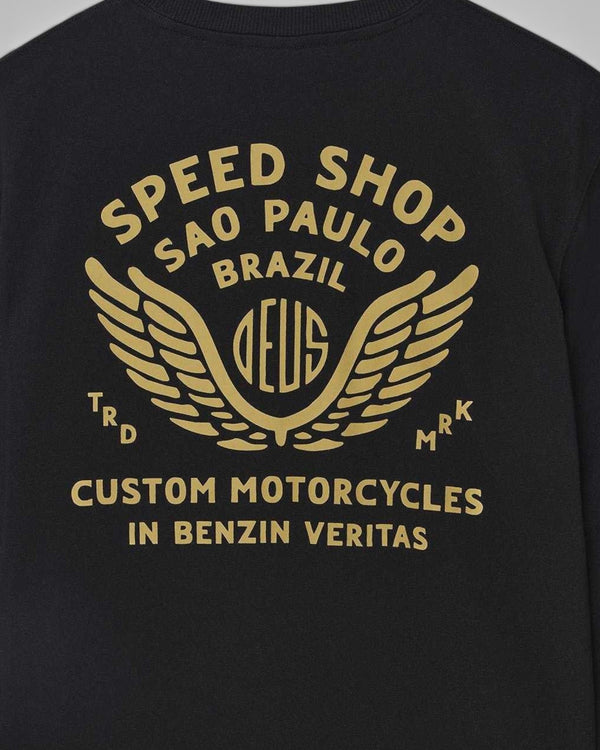 Baffle Haus Munificence crew fleece in black with gold graphic print on the back featuring Deus Speed Shop branding.