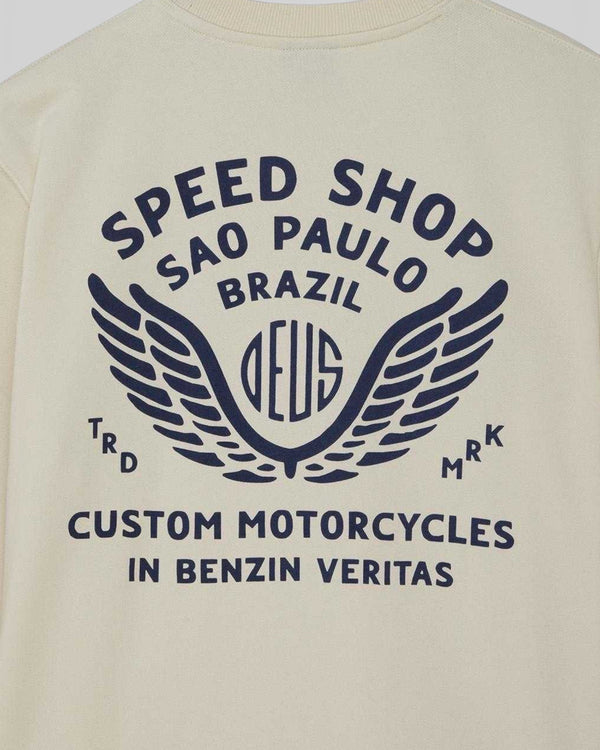 Baffle Haus Munificence crew fleece in dirty white with navy blue Speed Shop Sao Paulo graphic print on the back