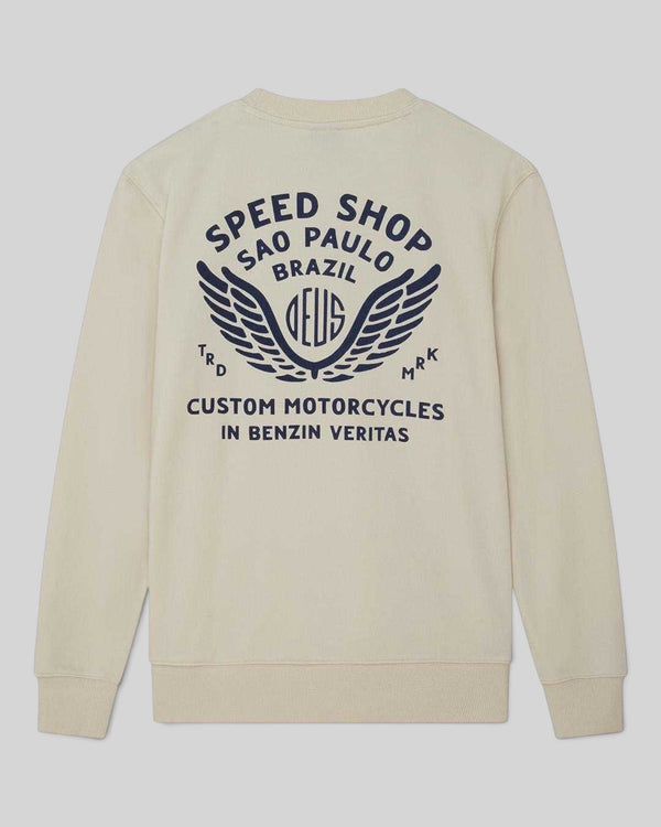 Baffle Haus Munificence crew fleece in dirty white with black graphic print on the back featuring motorcycle art.
