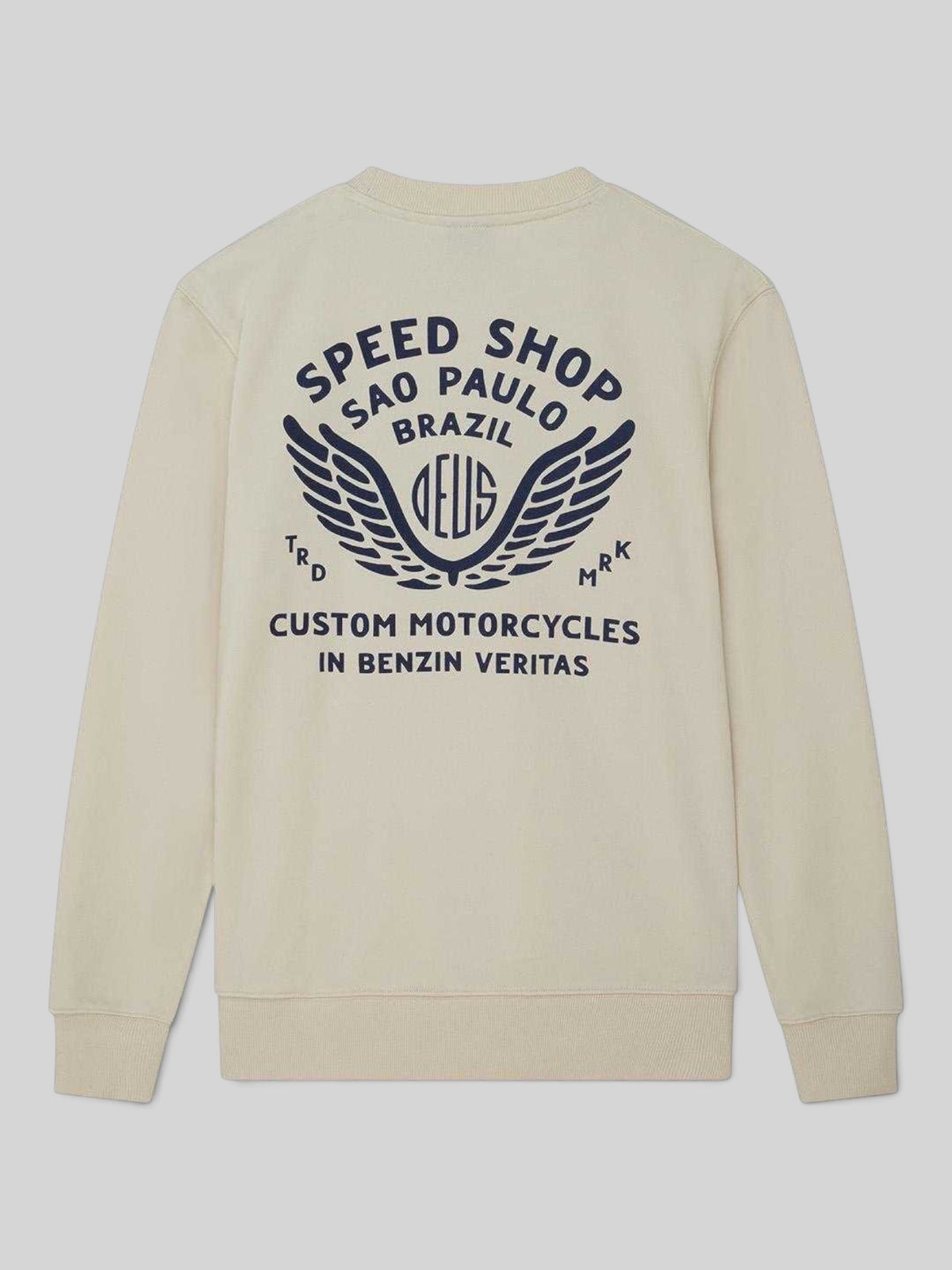 Baffle Haus Munificence crew fleece in dirty white with black graphic print on the back featuring motorcycle art.