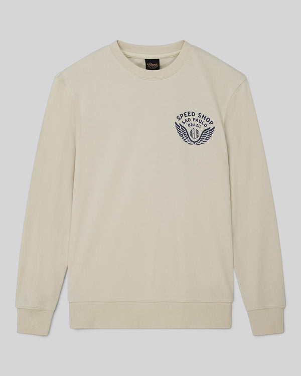 Baffle Haus Munificence crew fleece in dirty white with Speed Shop Sao Paulo chest graphic and ribbed trim