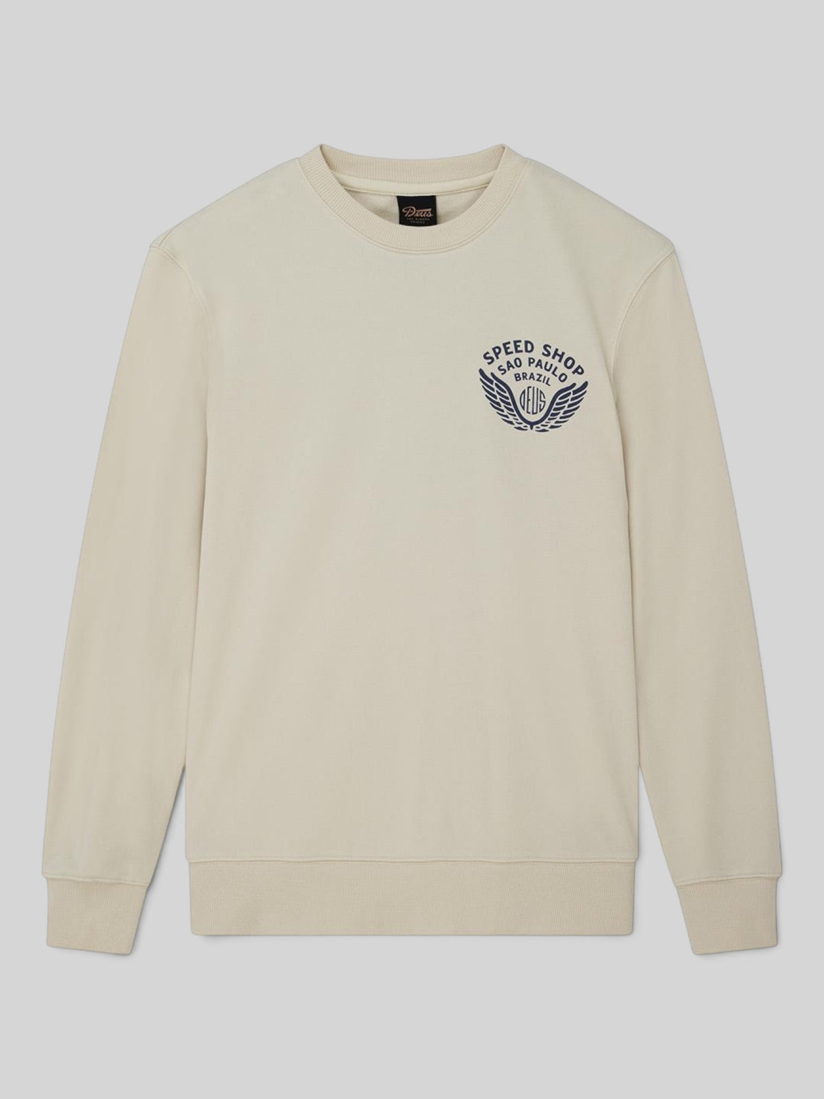 Baffle Haus Munificence crew fleece in dirty white with Speed Shop Sao Paulo chest graphic and ribbed trim