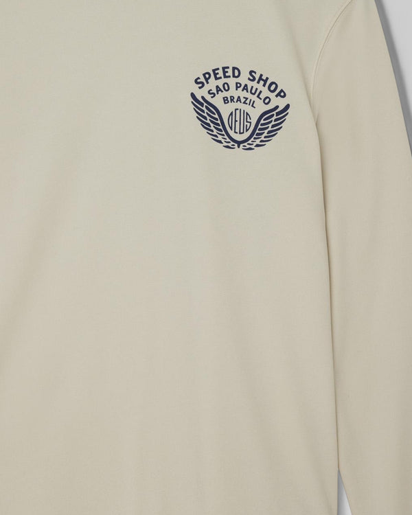 Baffle Haus Munificence crew fleece in dirty white with navy blue Speed Shop Brazil chest graphic print