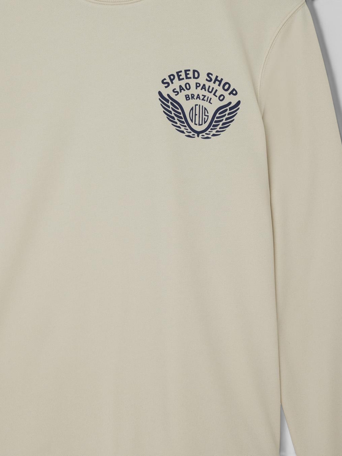 Baffle Haus Munificence crew fleece in dirty white with navy blue Speed Shop Brazil chest graphic print