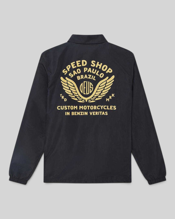 Baffle Haus Munificence nylon coach jacket in black with yellow graphic print on the back