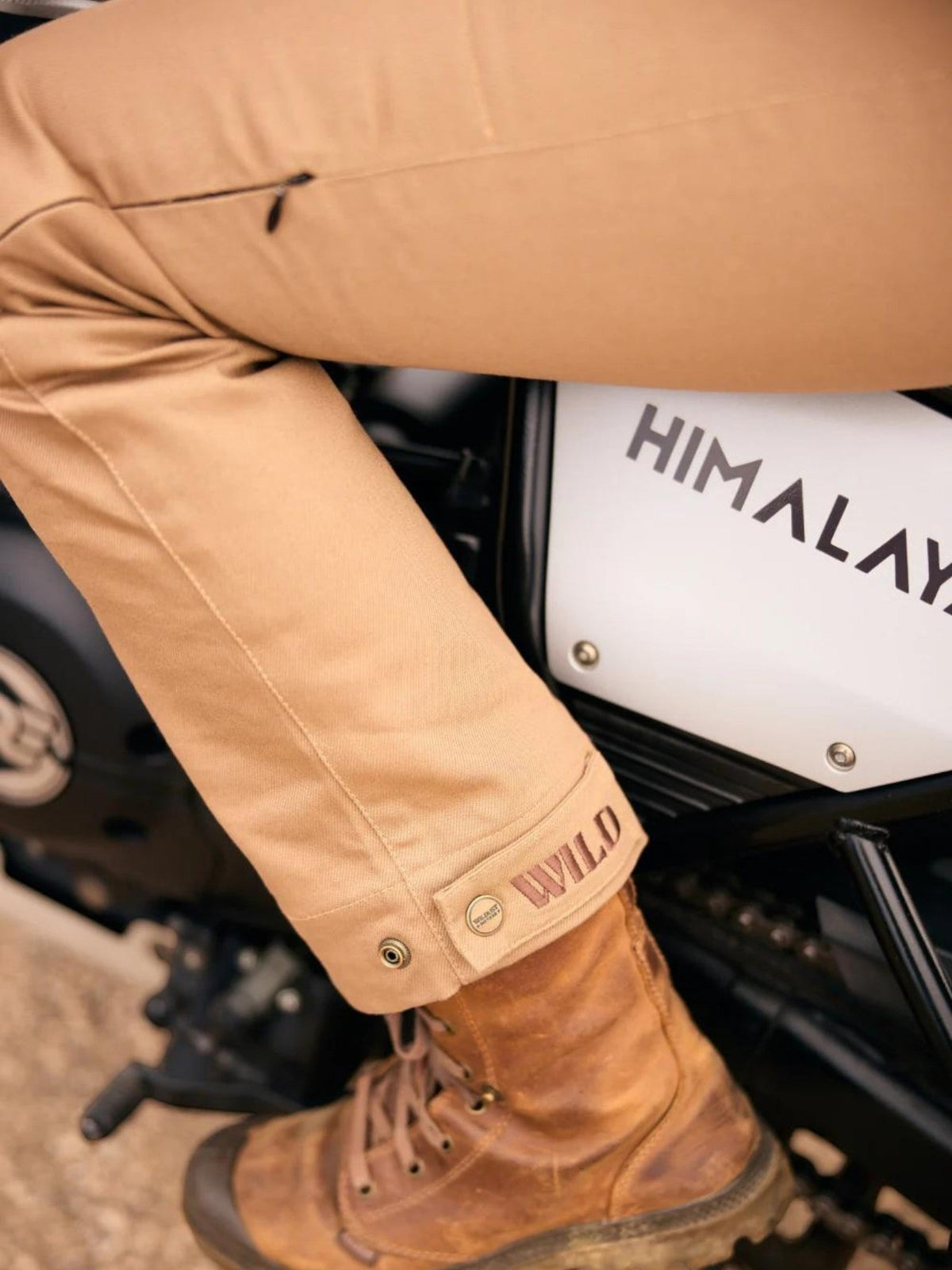 Baffle Haus mustard reinforced cotton cargo motorcycle trousers with Wild embroidery and ankle adjustment button