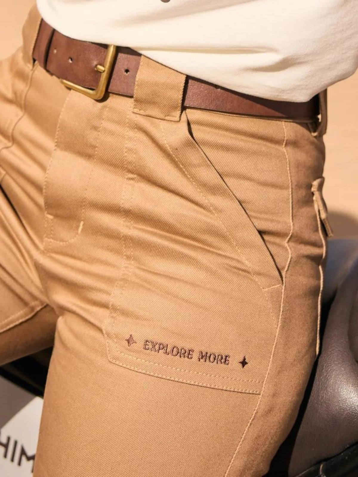 Baffle Haus mustard reinforced cotton cargo motorcycle trousers with Explore More embroidery and wide belt loops